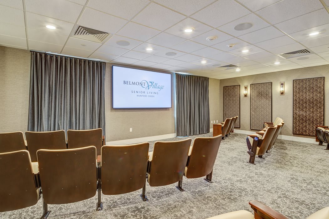 An indoor theater setup with rows of seating facing a large screen.