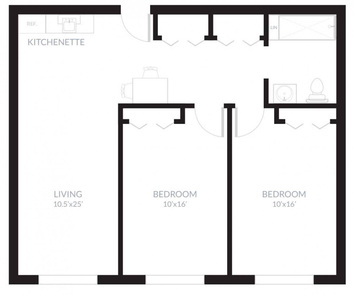 A simple architectural floor plan layout showing different room spaces.