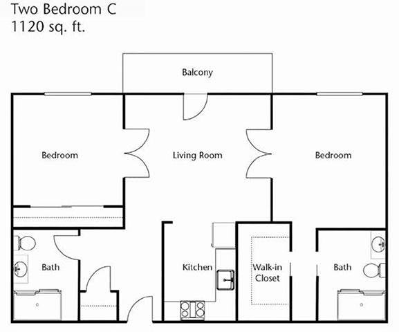 This image depicts a floor plan of a two-bedroom apartment with a living room, kitchen, bathroom, and balcony.