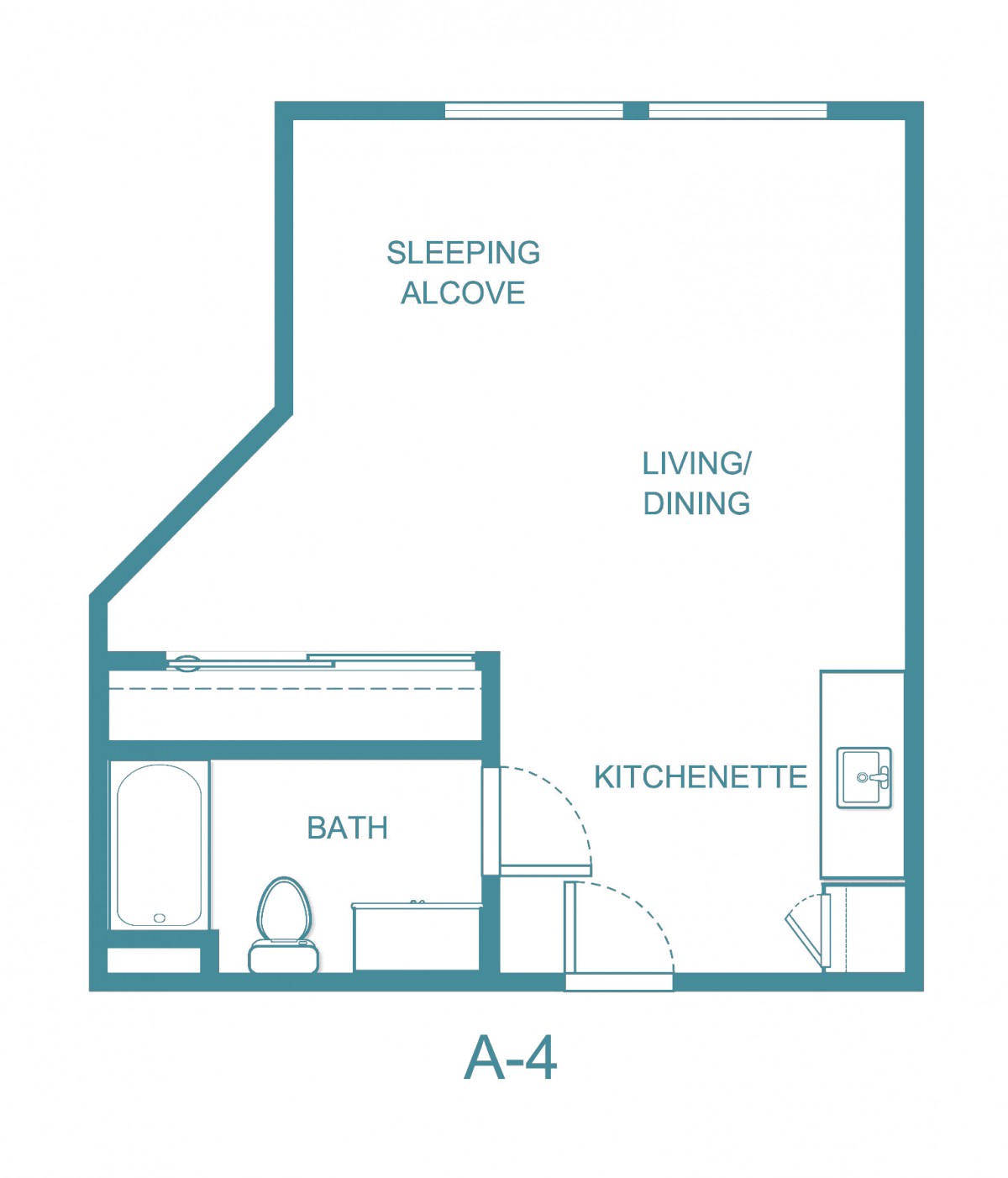 Floor plan of a studio apartment with a sleeping alcove, kitchenette, bathroom, and living area.
