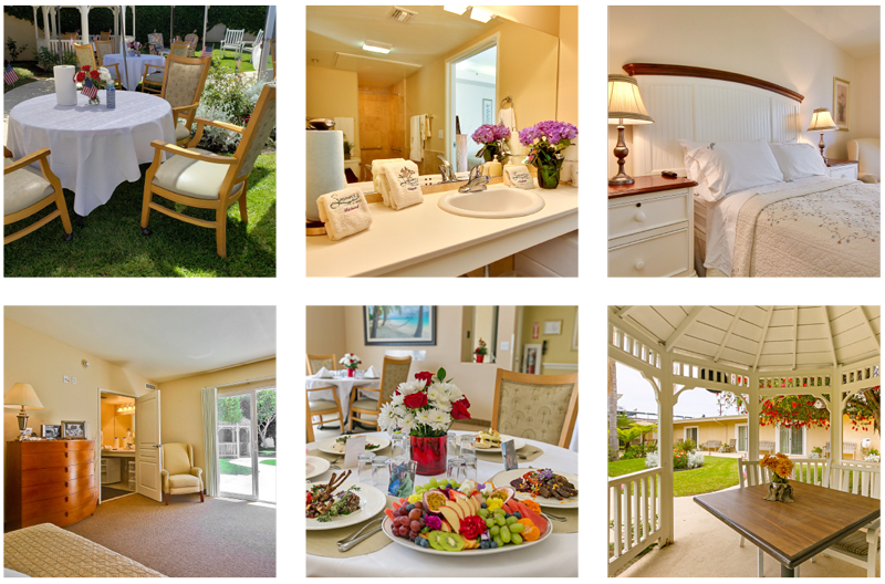 A collage showcasing a cozy dining area, well-decorated bedroom, delicious food spread, and inviting outdoor seating in a garden.