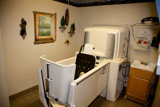 A wheelchair-accessible bathtub designed for ease of use in a bathroom.