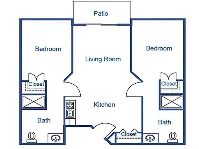 A floor plan of an apartment featuring two bedrooms, a living room, kitchen, two bathrooms, closets, and a patio.