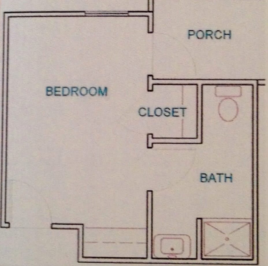 A simple floor plan layout showing a bedroom, bathroom, closet, and porch.