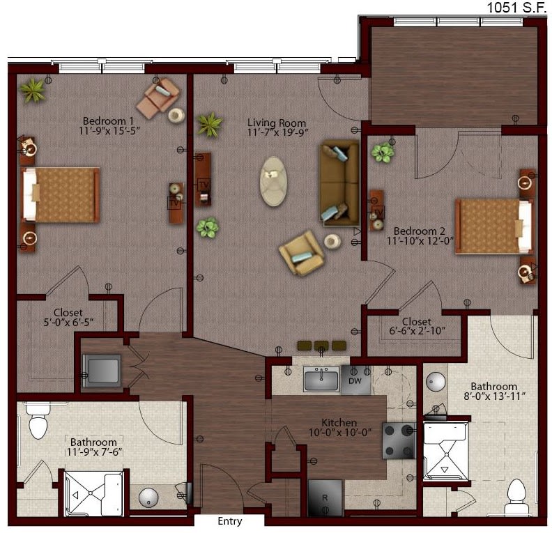 A detailed floor plan of an apartment featuring two bedrooms, a living area, kitchen, and bathrooms.