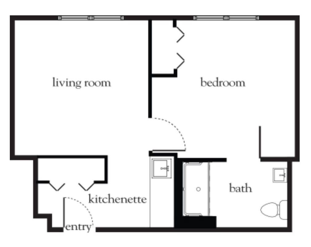 A floor plan of an apartment featuring a living room, bedroom, kitchenette, and bathroom.