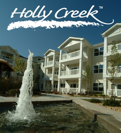 Fountain view of Holly Creek apartment complex.