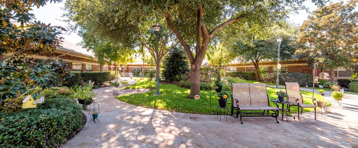 A peaceful garden area with lush greenery, featuring a bench under the shade of large trees and a sunlit pathway.