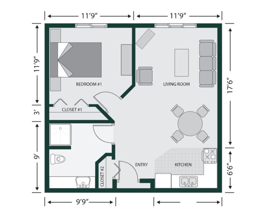 A floor plan depicting a one-bedroom apartment layout with labeled dimensions.