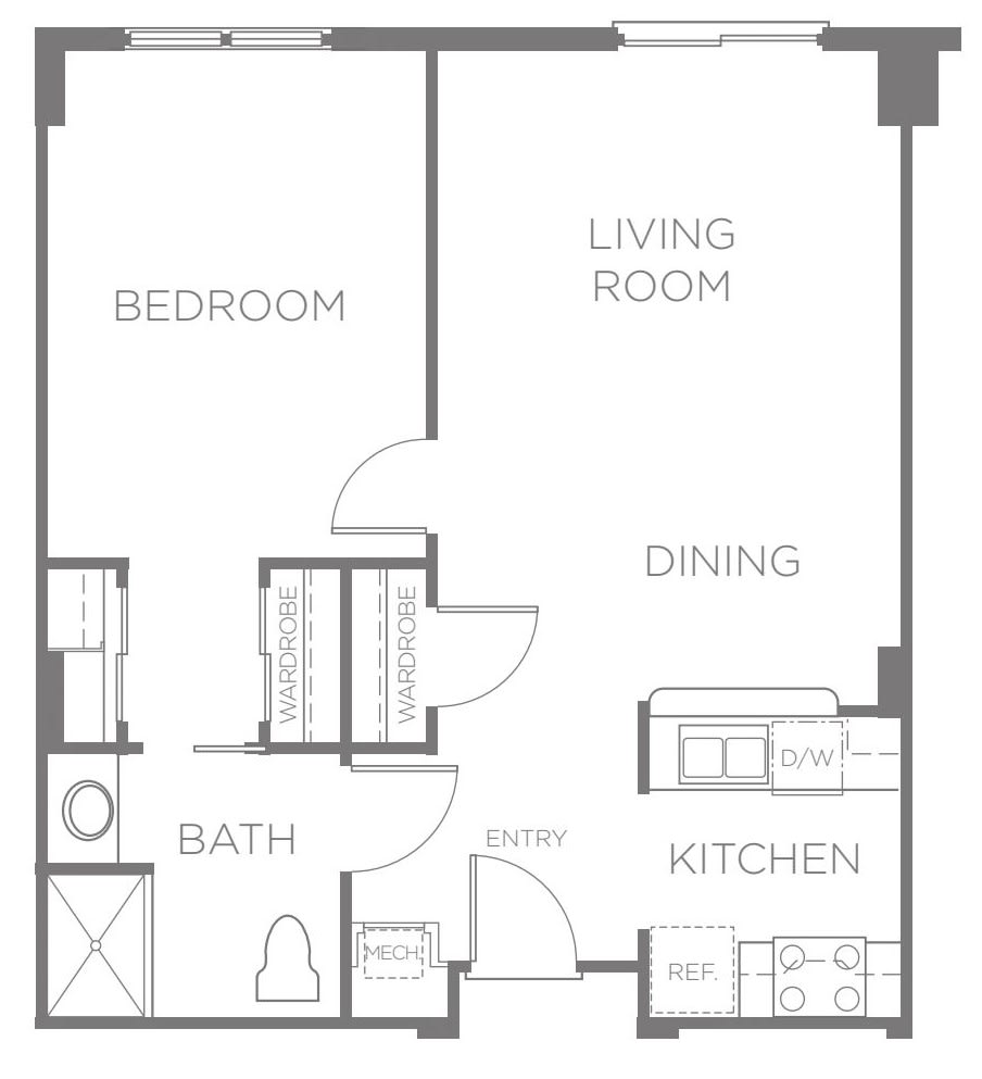 A floor plan layout of a one-bedroom apartment featuring a living room, kitchen, dining area, and bathroom.