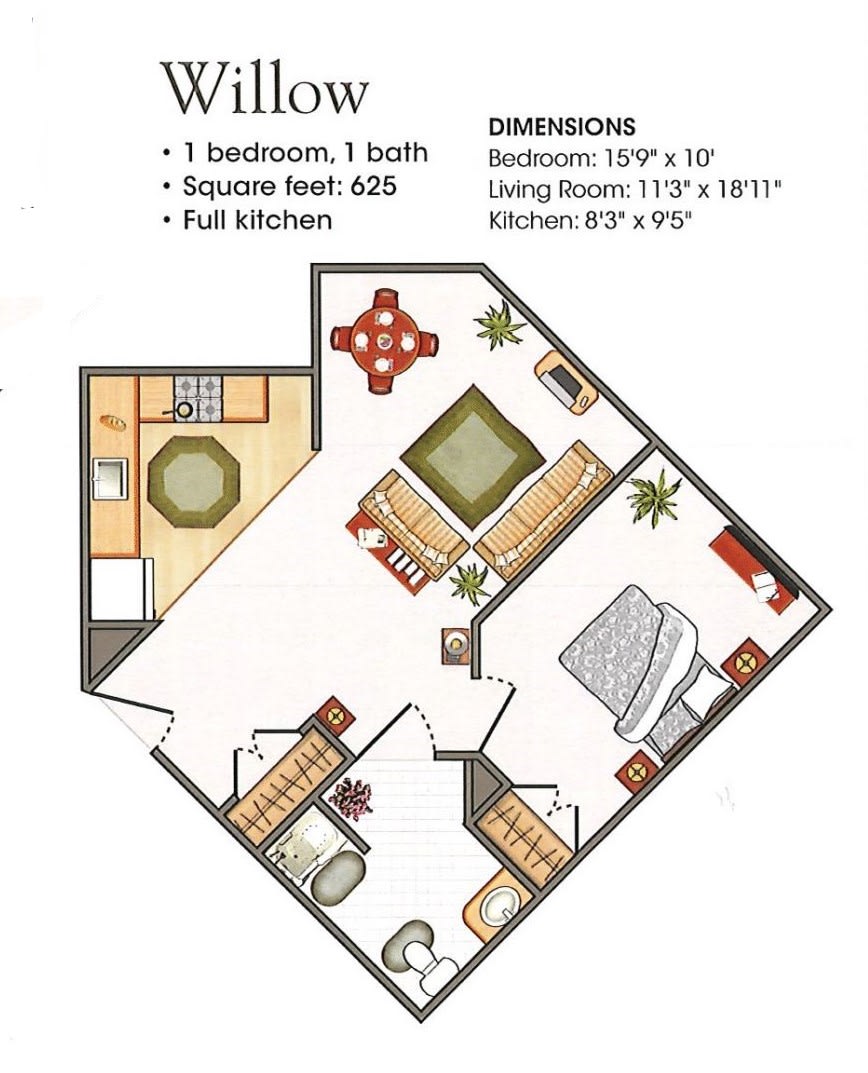 The Willow: A one-bedroom, one-bath apartment layout with a full kitchen and living room.