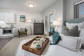 A cozy bedroom with modern decor, featuring a tray on the bed.