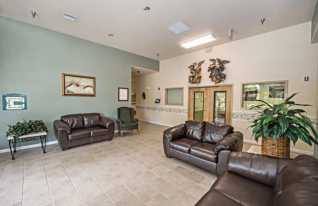 A spacious waiting room featuring leather sofas and tasteful decor.