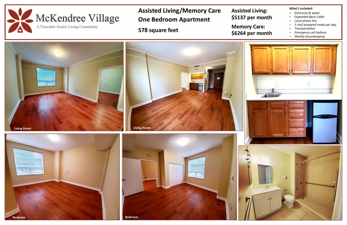 One bedroom apartment for assisted living or memory care with details on pricing and square footage.