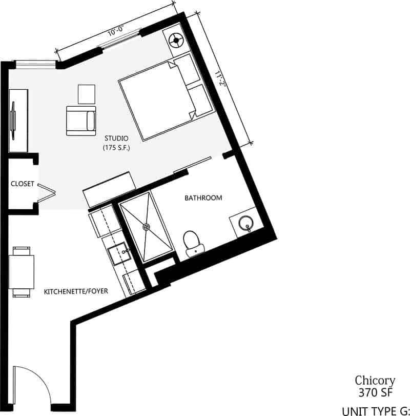 A floor plan layout displaying a one-room apartment with a bedroom, kitchen, and bathroom.