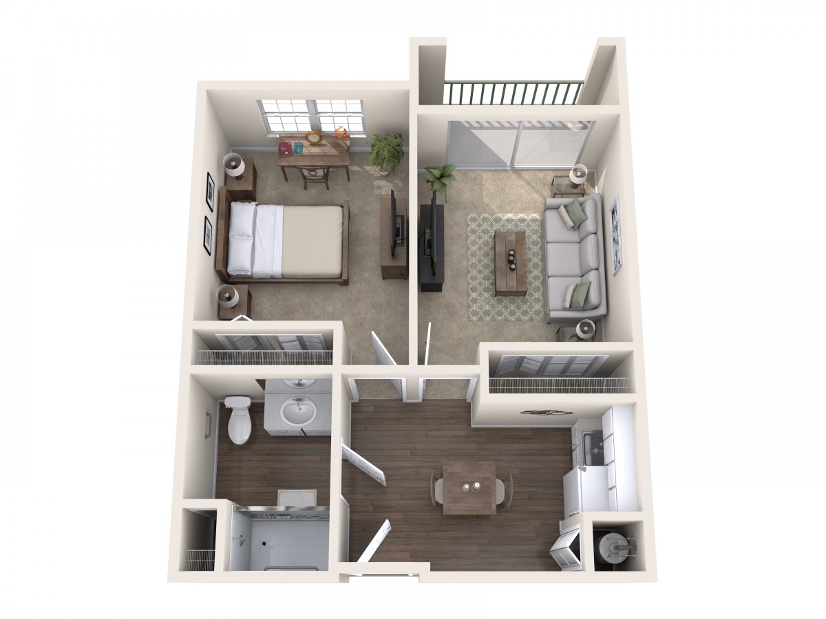 A 3D floor plan of a one-bedroom apartment featuring a kitchen, living room, bathroom, and balcony.