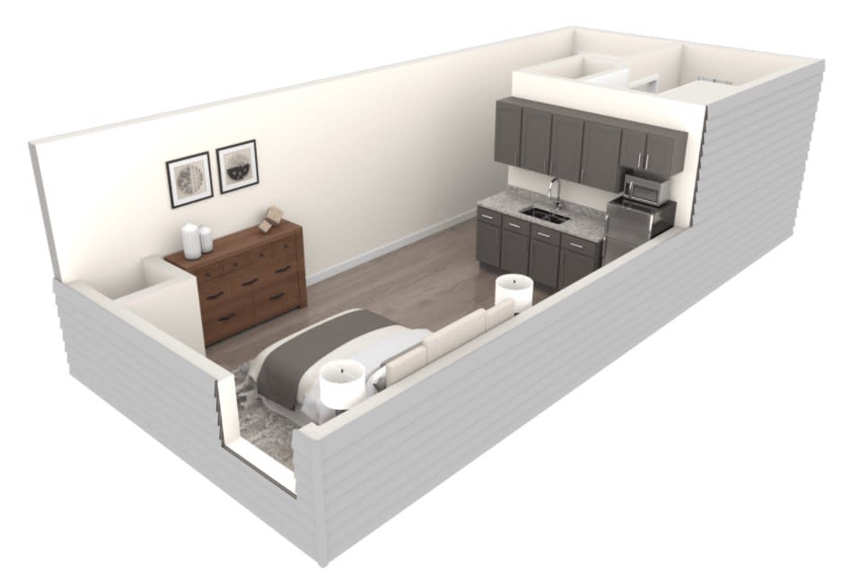 3D model of a compact studio apartment featuring a bedroom and kitchenette.