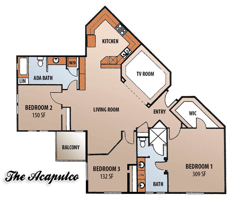A floor plan of an apartment showing the layout of rooms and amenities.