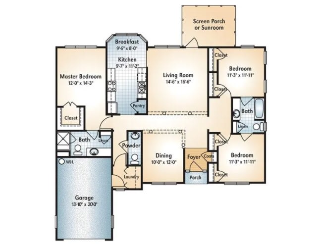 A floor plan of a three-bedroom apartment with a garage and living room.