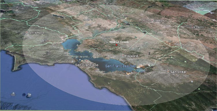 A 3D satellite view of Los Angeles, California, highlighting the surrounding geographical features.