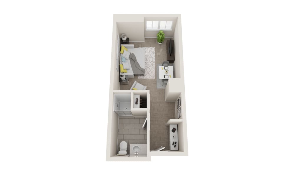 A floor plan of a compact studio apartment featuring a bedroom area, small kitchen, and bathroom.
