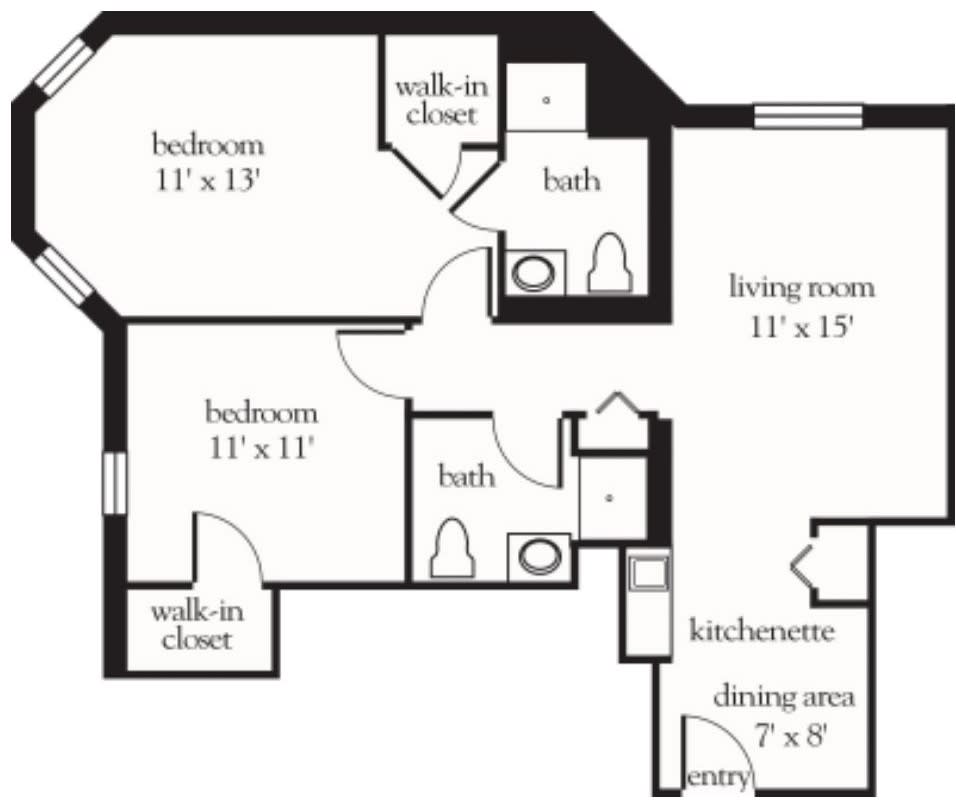 A floor plan of a two-bedroom apartment featuring two bathrooms, a living room, kitchen area, and walk-in closets.