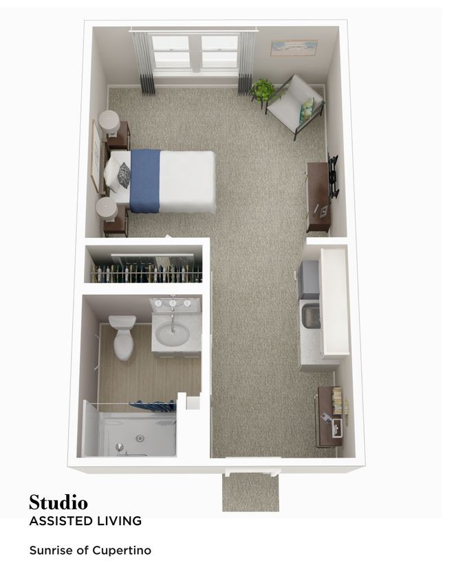 3D floor plan of a studio apartment with a combined living and sleeping area.