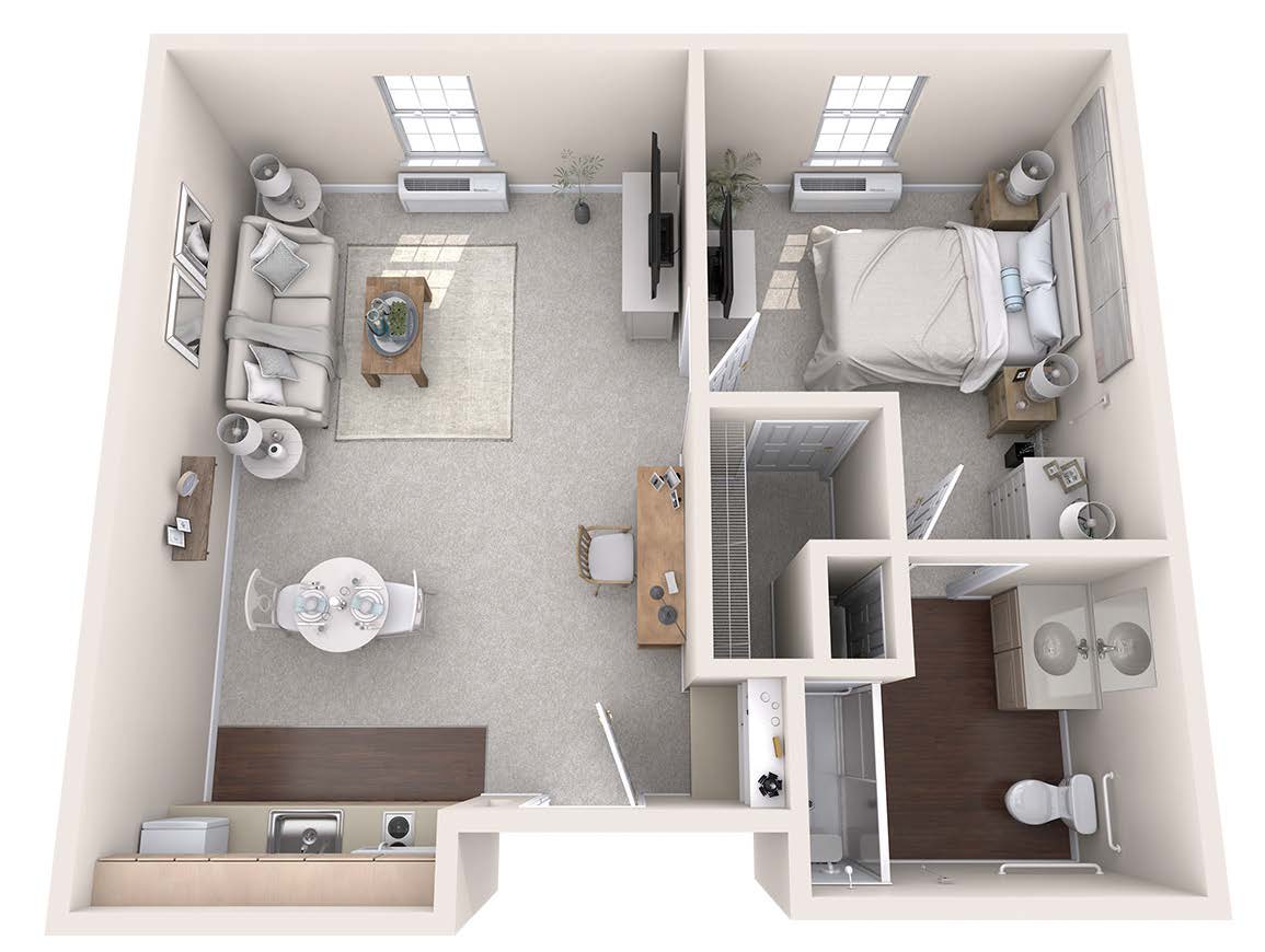 A detailed floor plan of a one-bedroom apartment showcasing the living room, kitchen, bedroom, and bathroom.