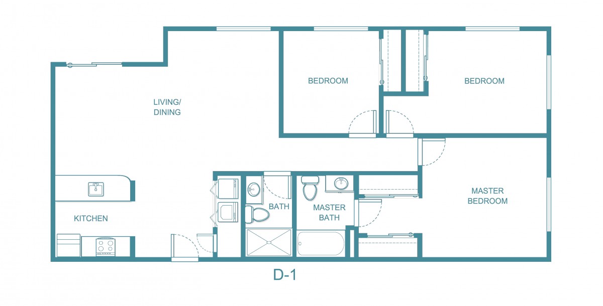 A floor plan illustrating the layout of a residential apartment, including a bedroom, living/dining area, and two bathrooms.