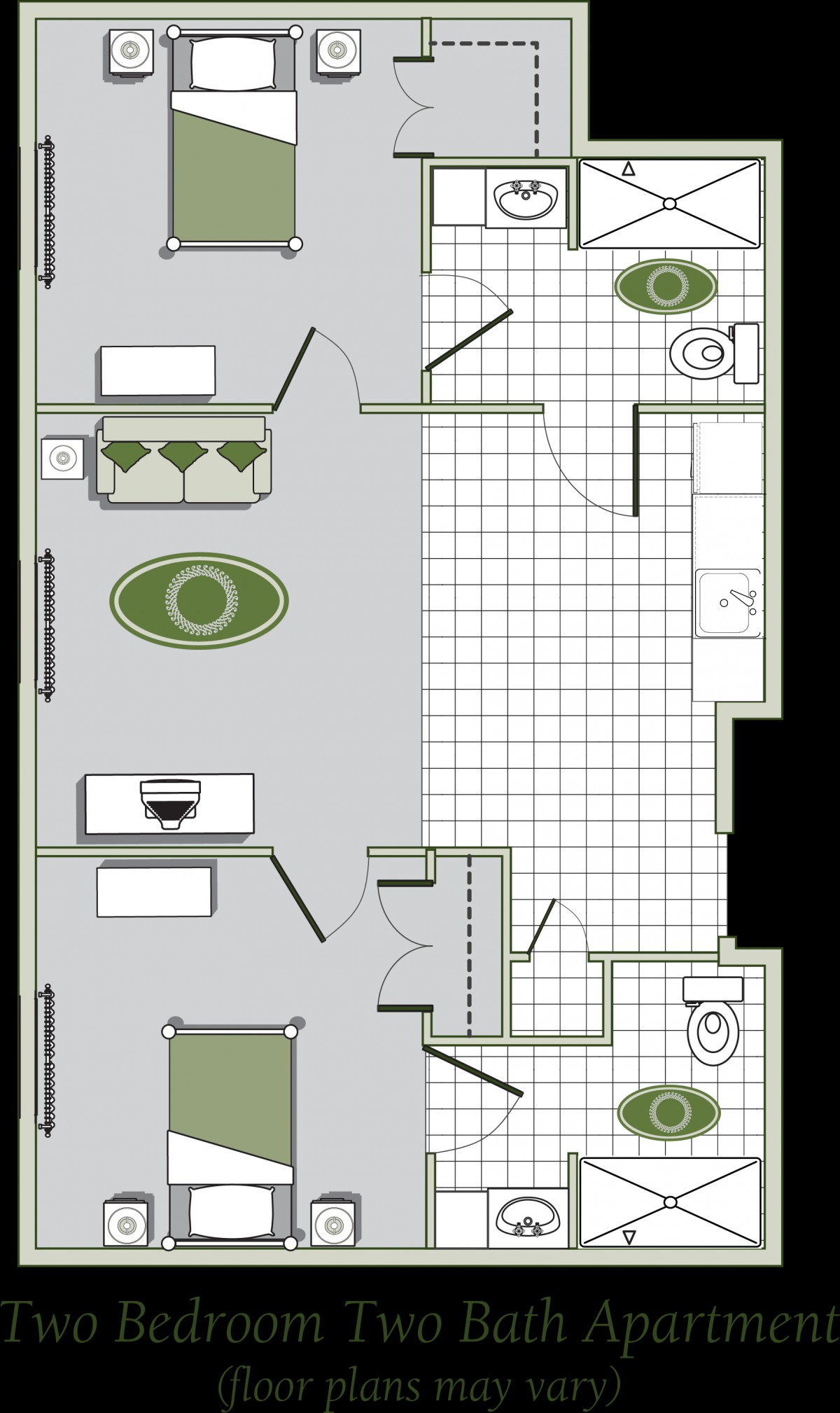 A detailed floor plan of an apartment showing the layout of rooms and furniture placement.