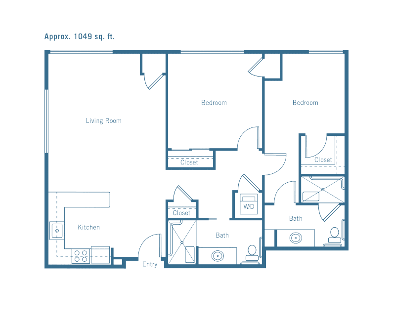 A floor plan of a two-bedroom apartment with a living room, kitchen, and bathroom.