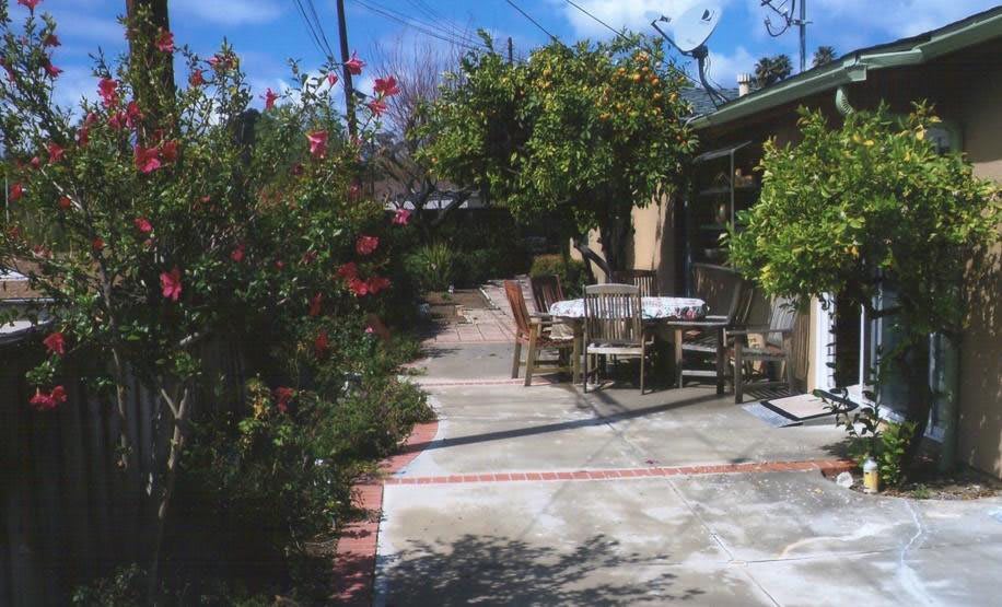 A sunny garden patio with a set of outdoor furniture surrounded by trees and flowers.