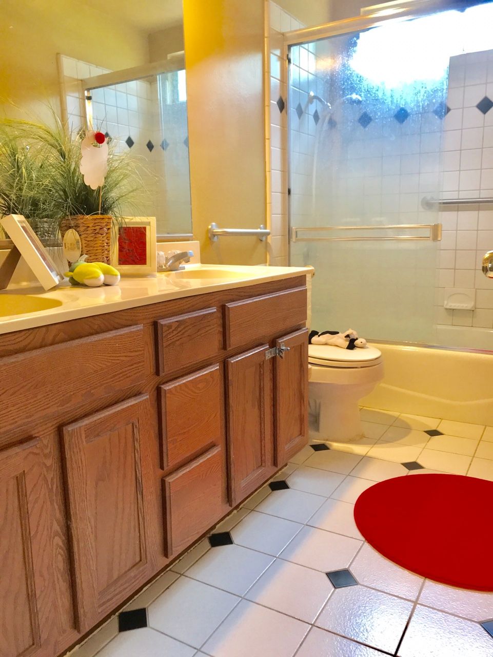 A cozy bathroom featuring wooden cabinets and a red circular rug.