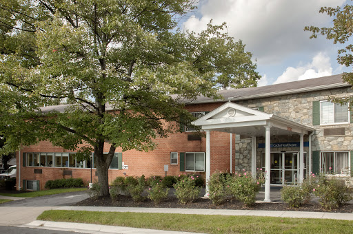 A welcoming entrance to a modern brick building, framed by greenery and a large tree.