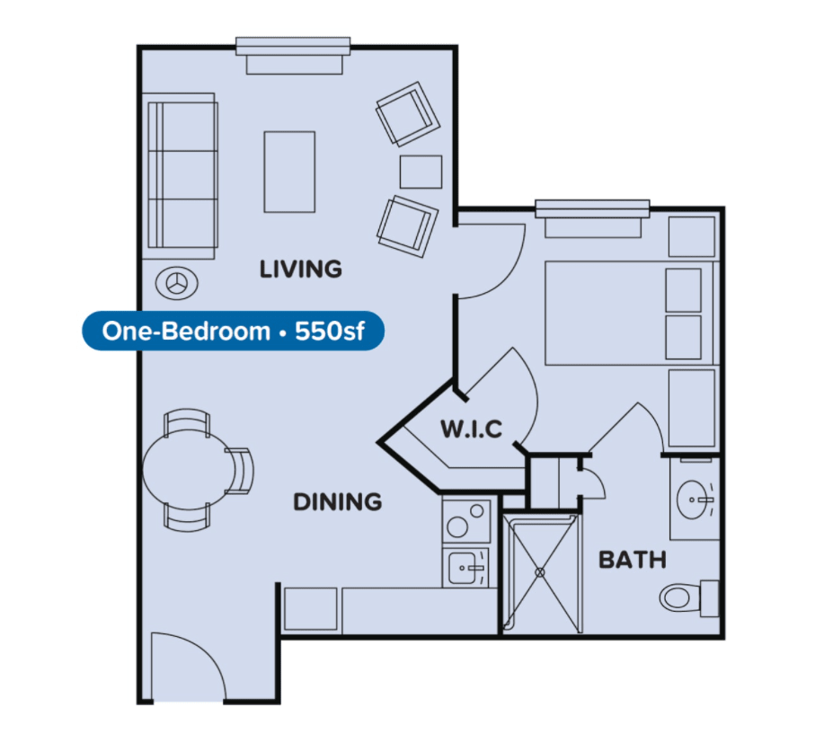 A floor plan of a one-bedroom, 550 square foot apartment.