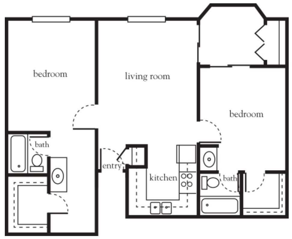 A floor plan of a two-bedroom apartment with a living room, kitchen, and two bathrooms.