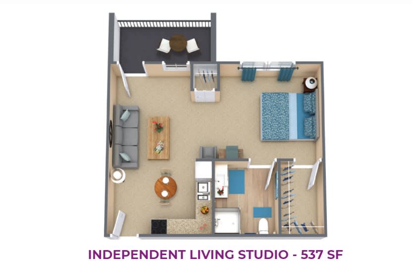 3D floor plan of an independent living studio apartment.