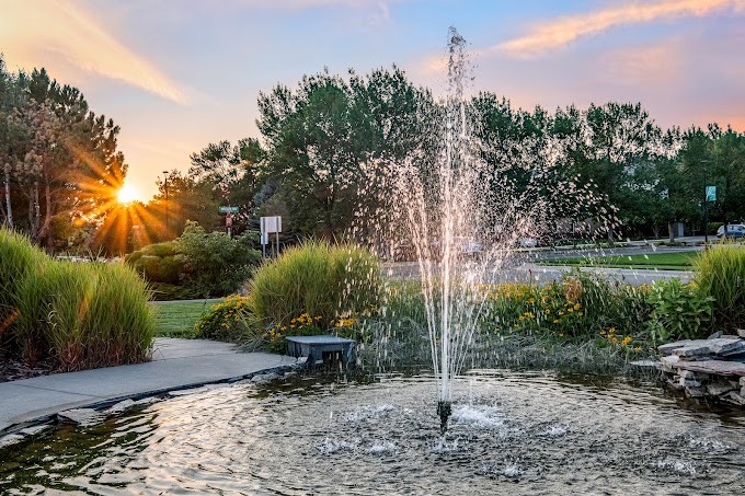 A tranquil park scene featuring a fountain with water jets, surrounded by lush greenery at sunset.