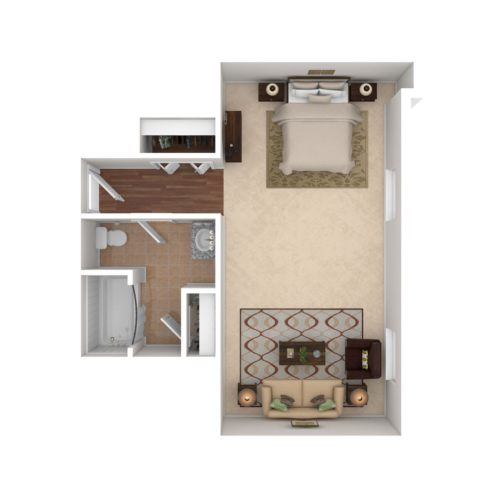 A floor plan showing the layout of a bedroom with furniture arrangements.