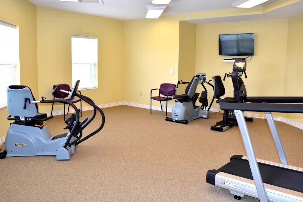 A small gym with various exercise equipment, including treadmills and elliptical machines.