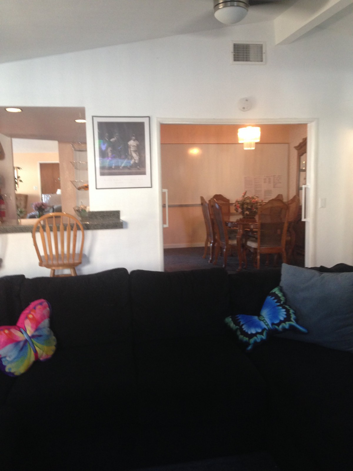 A cozy living room with a dark sofa adorned with butterfly pillows, overlooking a kitchen and dining area.