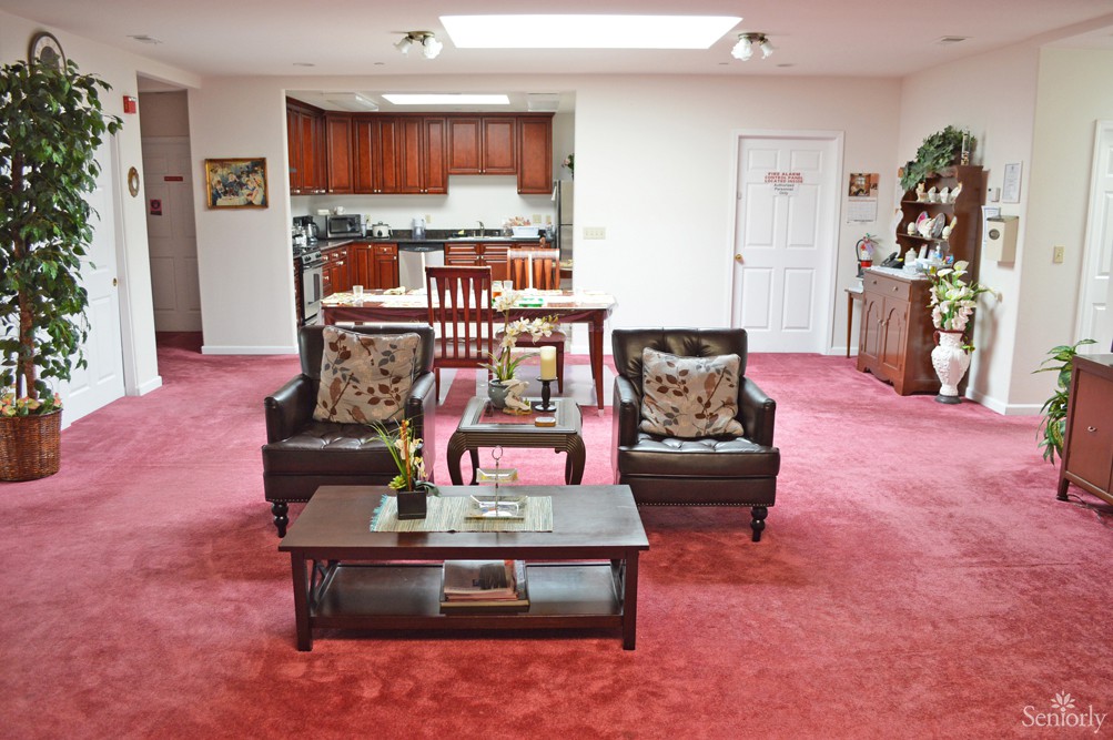 A cozy living room with a red carpet, leather sofas, and an open-plan kitchen.