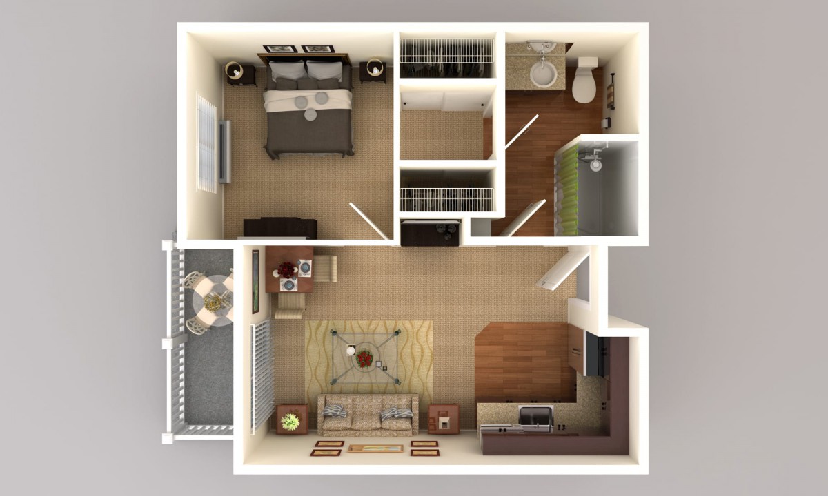 A 3D floor plan of a one-bedroom apartment with an open living and kitchen area.