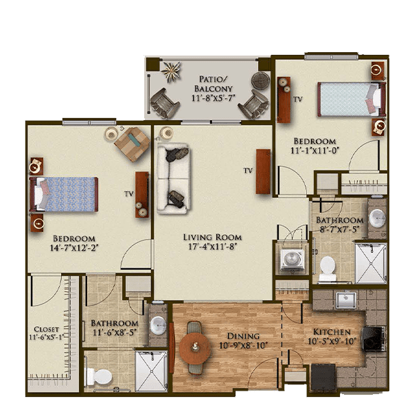 A detailed floor plan of a three-bedroom apartment, showing room dimensions and furniture placement.