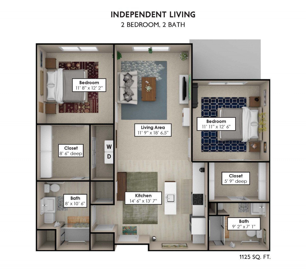 A detailed floor plan of a two-bedroom, two-bath independent living apartment.