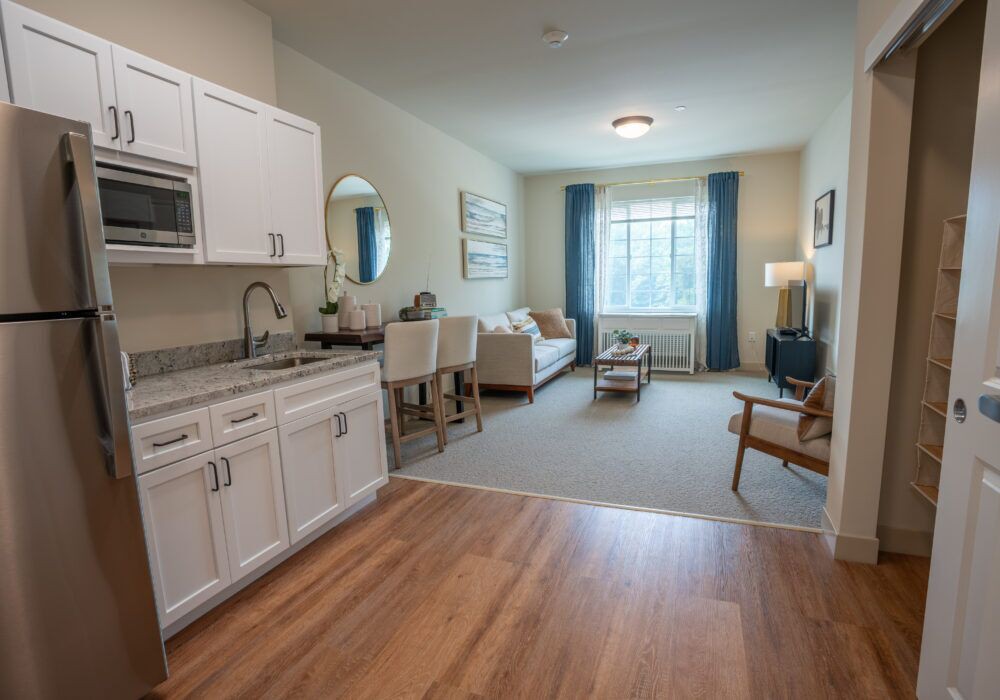 A cozy apartment with a kitchenette and living area, featuring wood flooring and ample natural light.