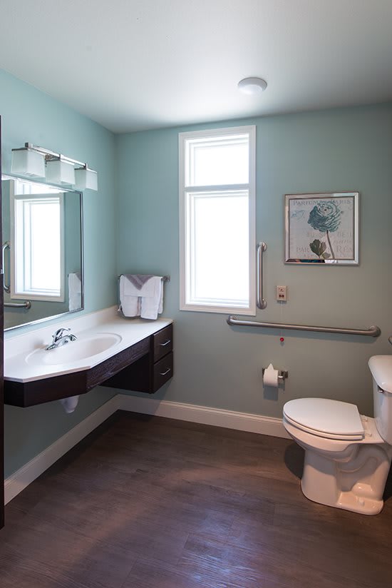 A modern bathroom with a sink, mirror, and toilet under natural lighting.