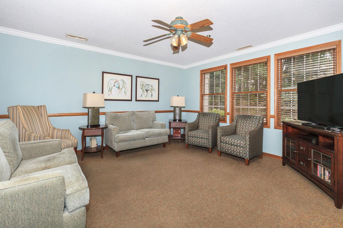 A cozy living room with sofas, chairs, and a ceiling fan.