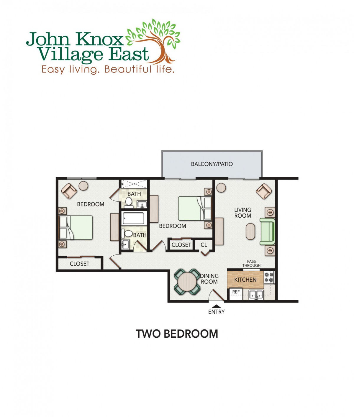 Two-bedroom apartment floor plan at John Knox Village East.