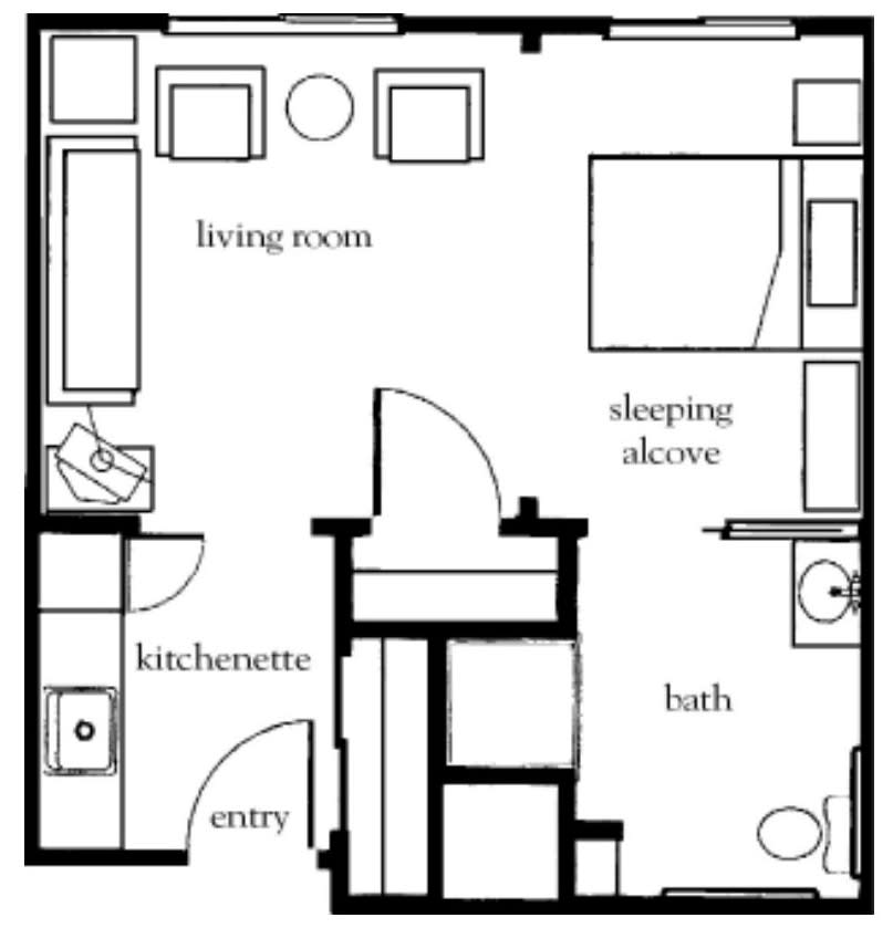 A compact studio apartment floor plan featuring a kitchenette, living room, sleeping alcove, and bathroom.